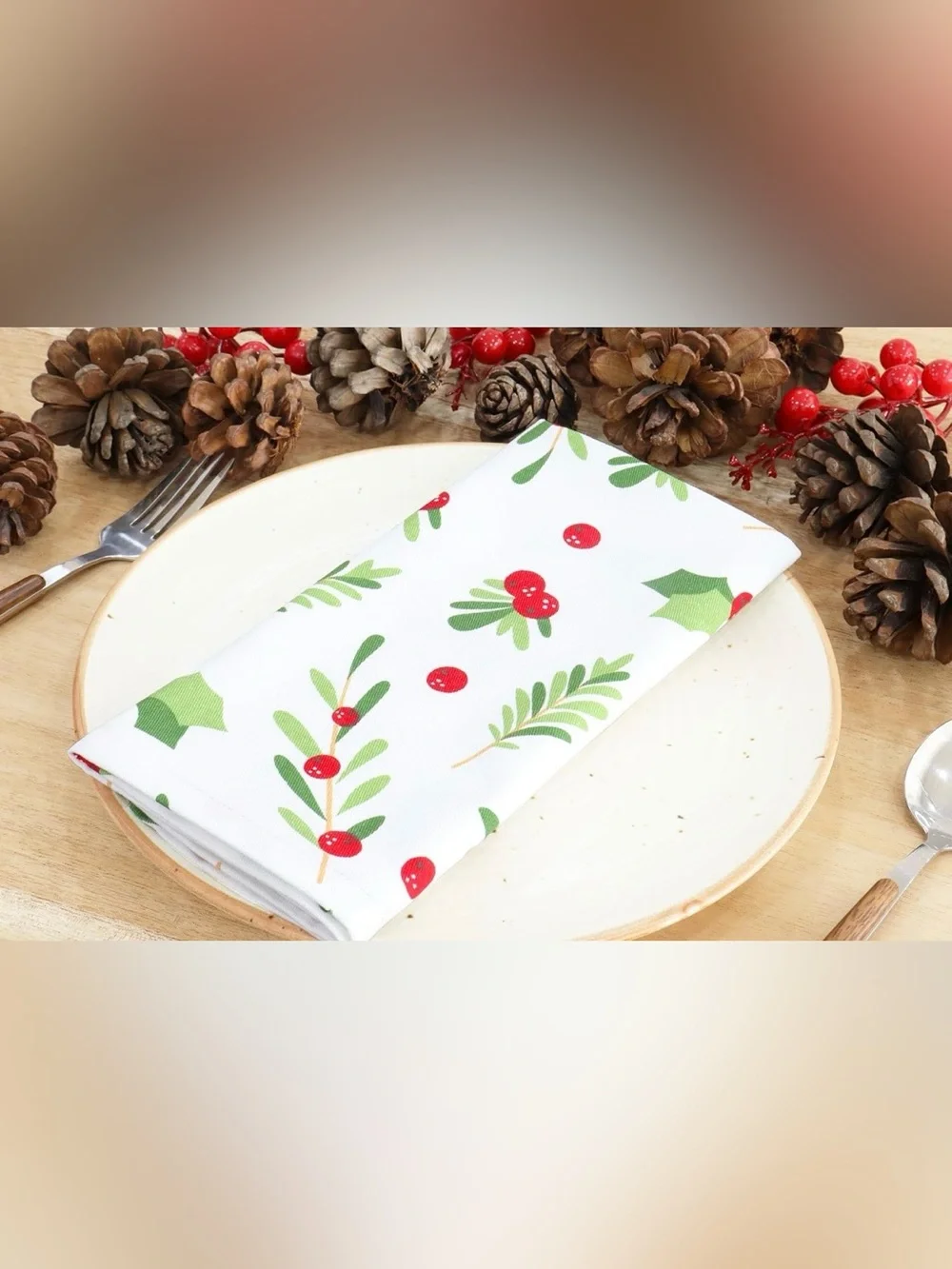 Holiday Cloth Napkins - White with Green & Red Holly Print (Set of 6)